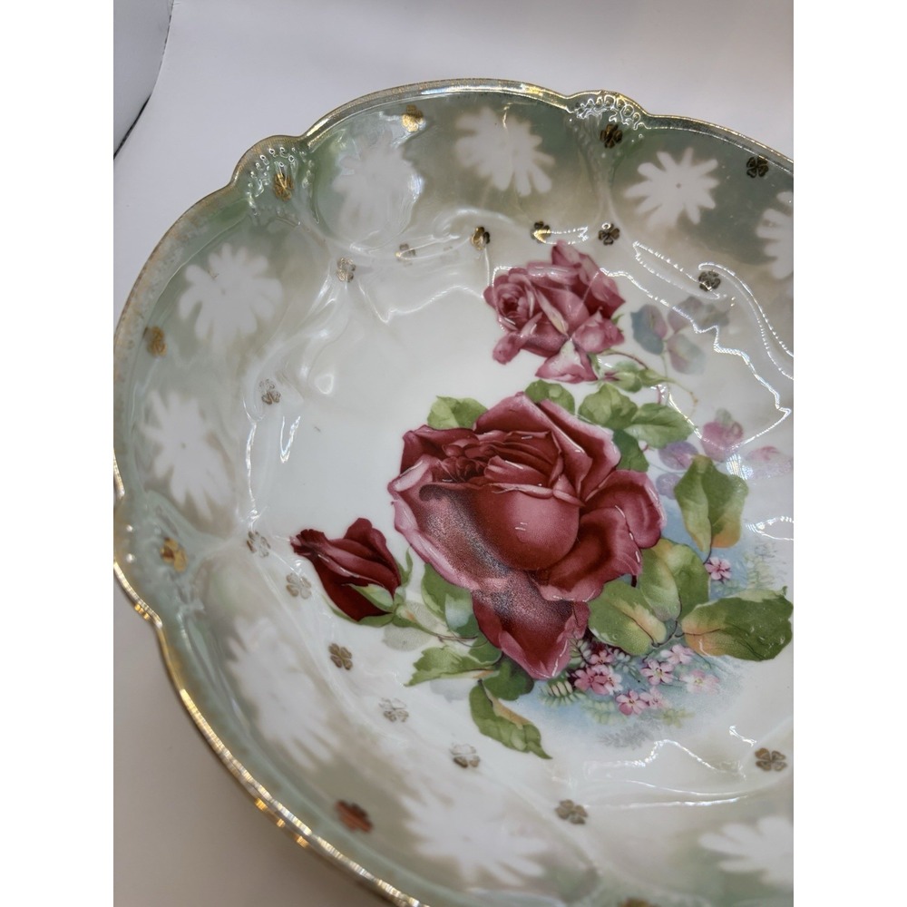 Set of 2 Vintage Porcelain Floral Serving Bowls Red Roses Pansies Gold Rim Vntg - Picture 10 of 15